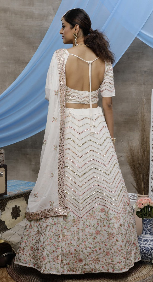 Pearl white georgette embroidered wedding lehenga choli
