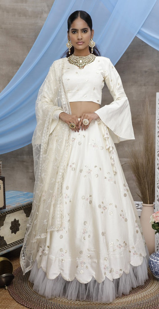 Pearl white silk art embroidered party wear lehenga choli