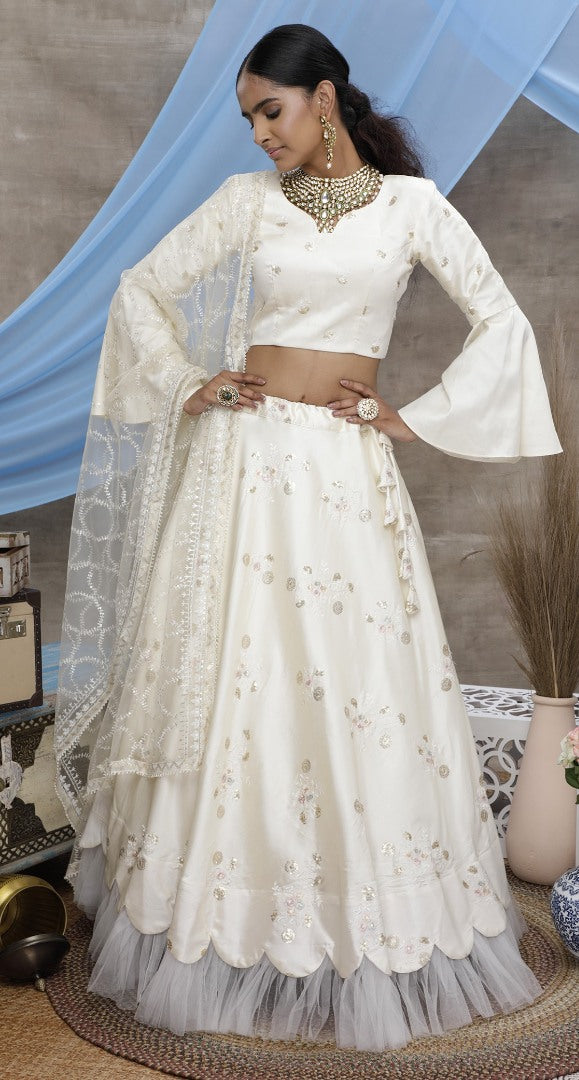 Pearl white silk art embroidered party wear lehenga choli