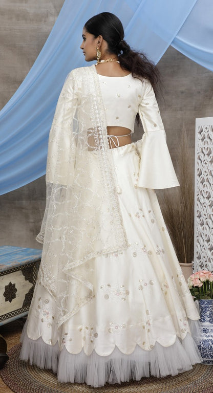 Pearl white silk art embroidered party wear lehenga choli