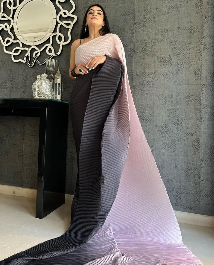 Pink and black georgette printed pleated saree