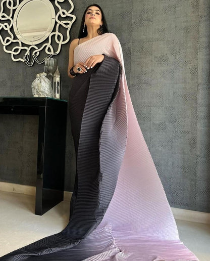 Pink and black georgette printed pleated saree