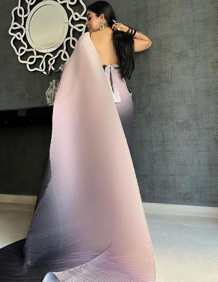 Pink and black georgette printed pleated saree