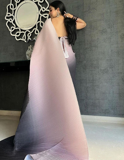 Pink and black georgette printed pleated saree