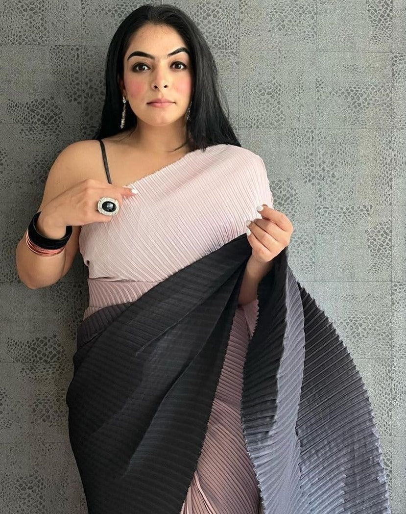 Pink and black georgette printed pleated saree