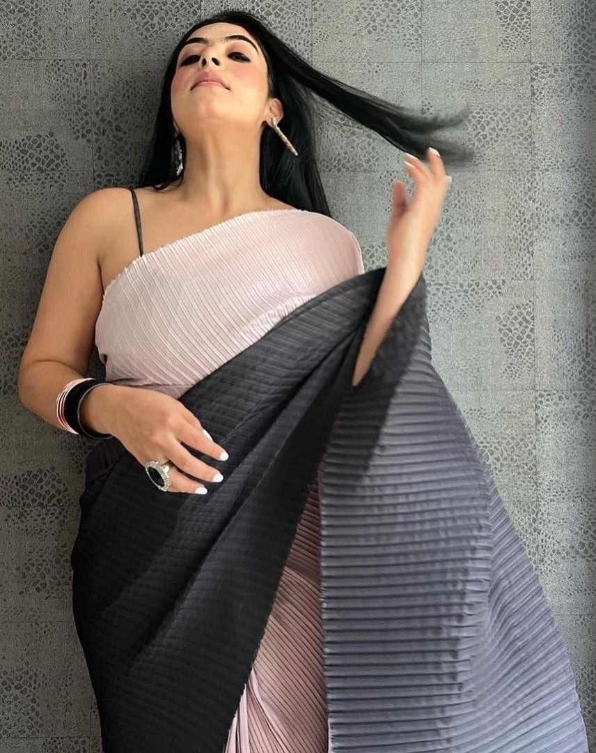 Pink and black georgette printed pleated saree