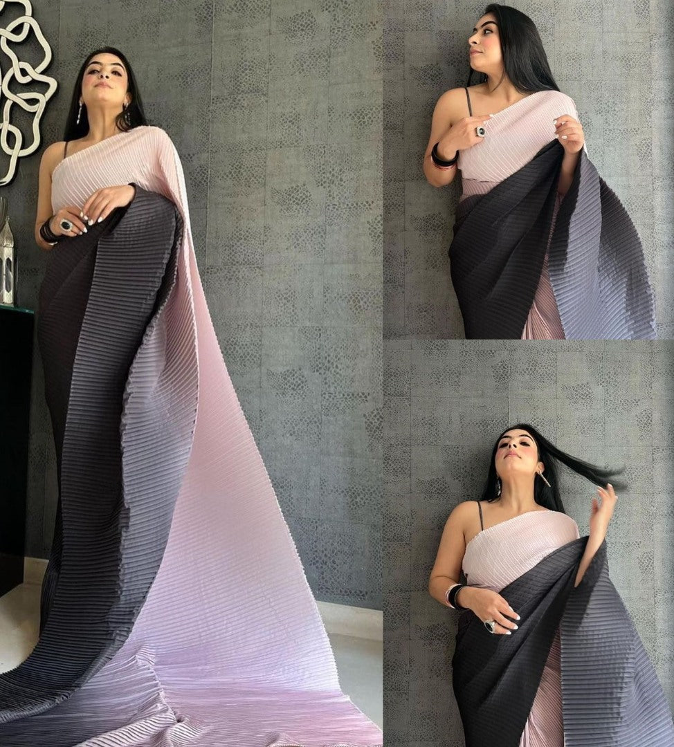 Pink and black georgette printed pleated saree