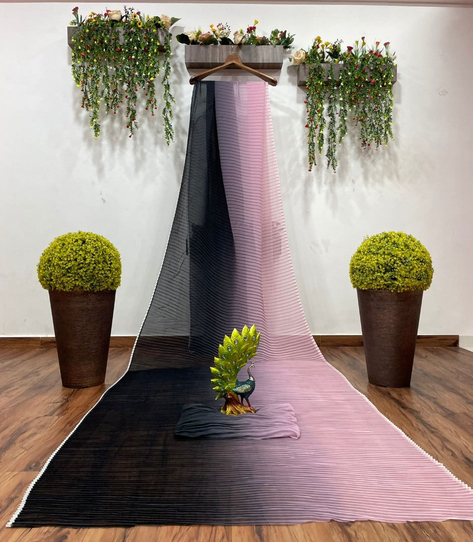 Pink and black georgette printed pleated saree