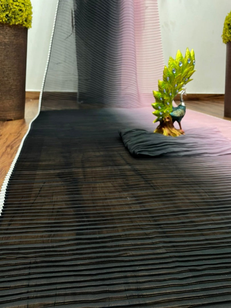 Pink and black georgette printed pleated saree