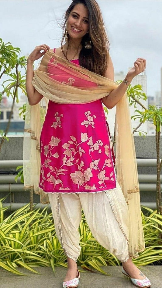 Pink and cream embroidered dhoti salwar suit