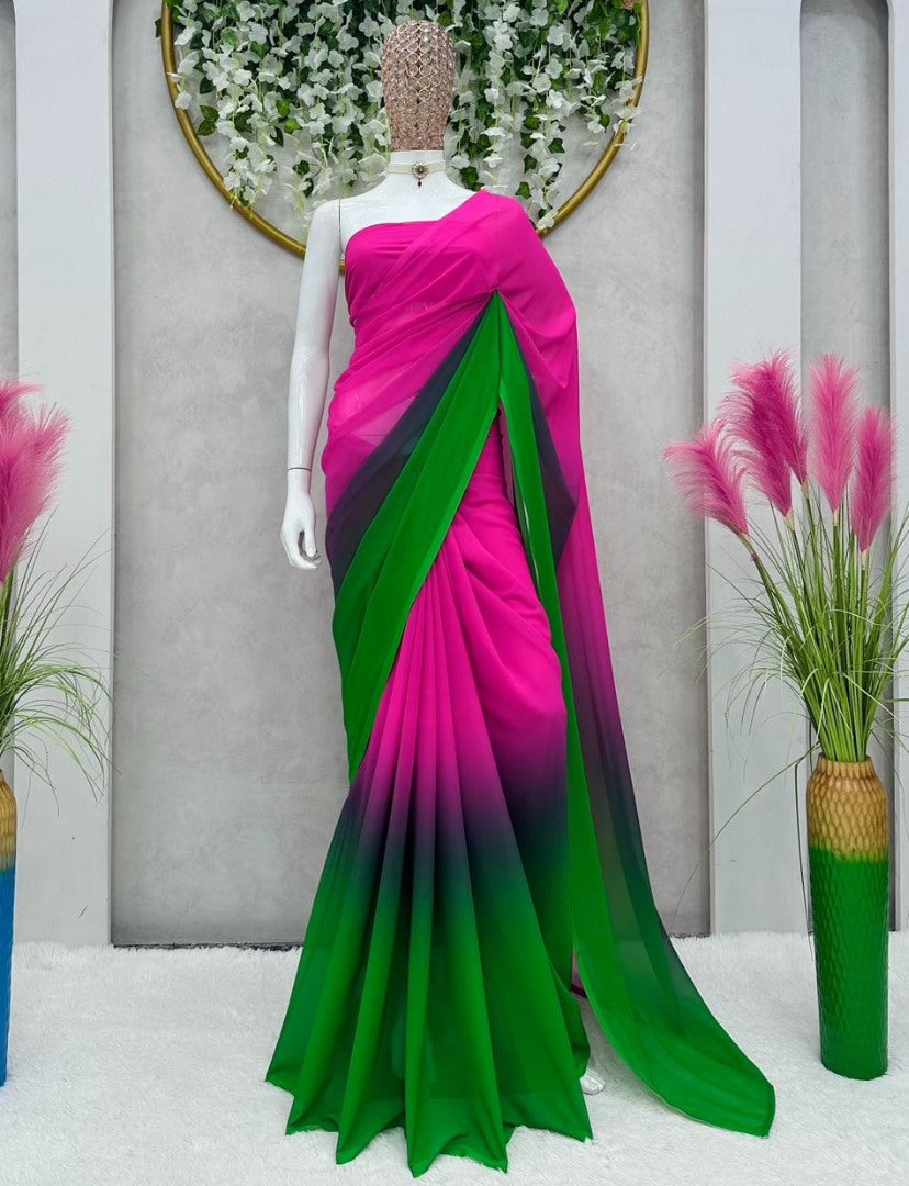 Pink and green georgette printed saree