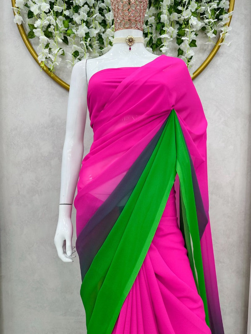 Pink and green georgette printed saree