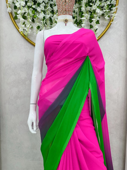 Pink and green georgette printed saree