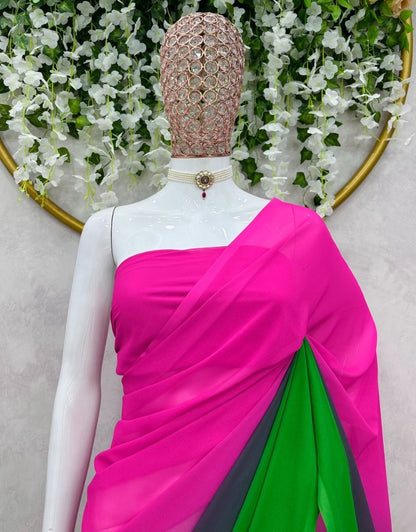 Pink and green georgette printed saree