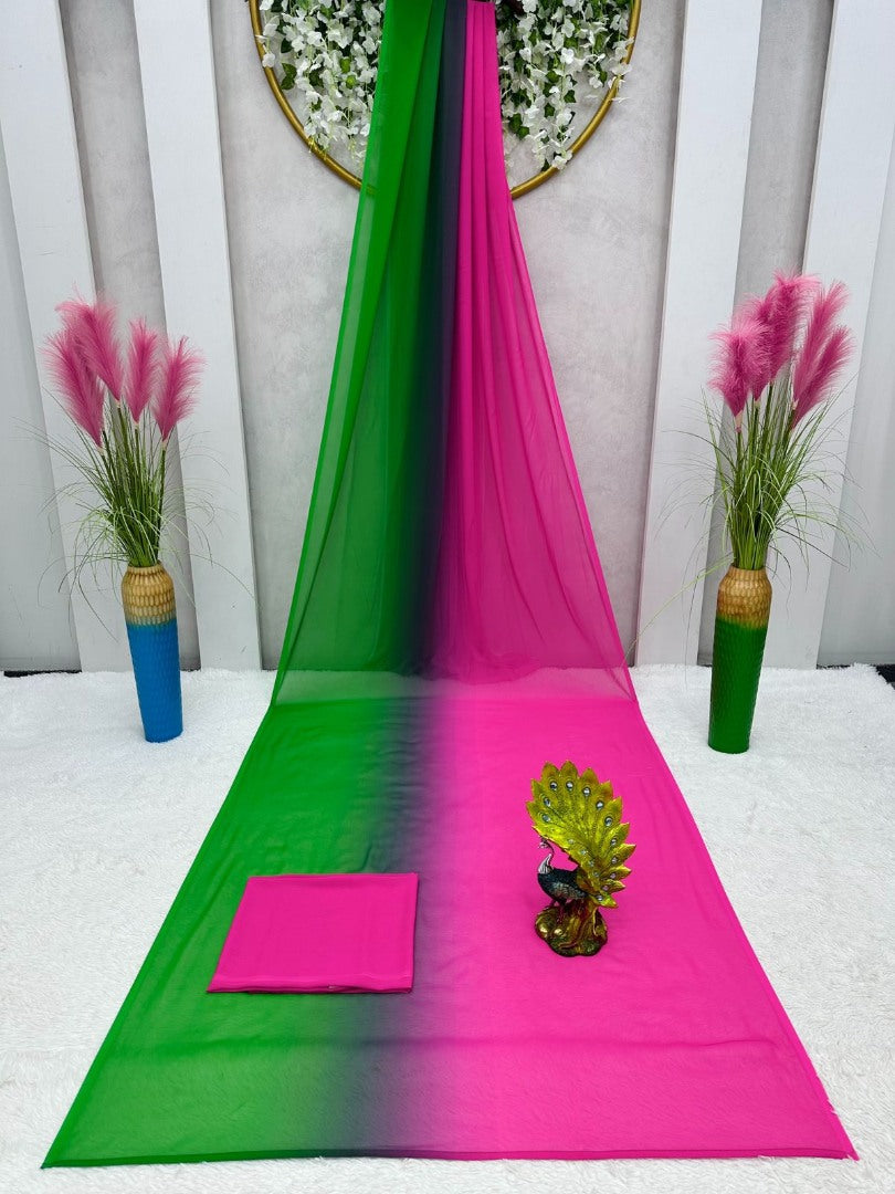 Pink and green georgette printed saree