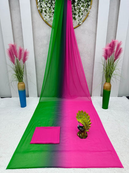 Pink and green georgette printed saree
