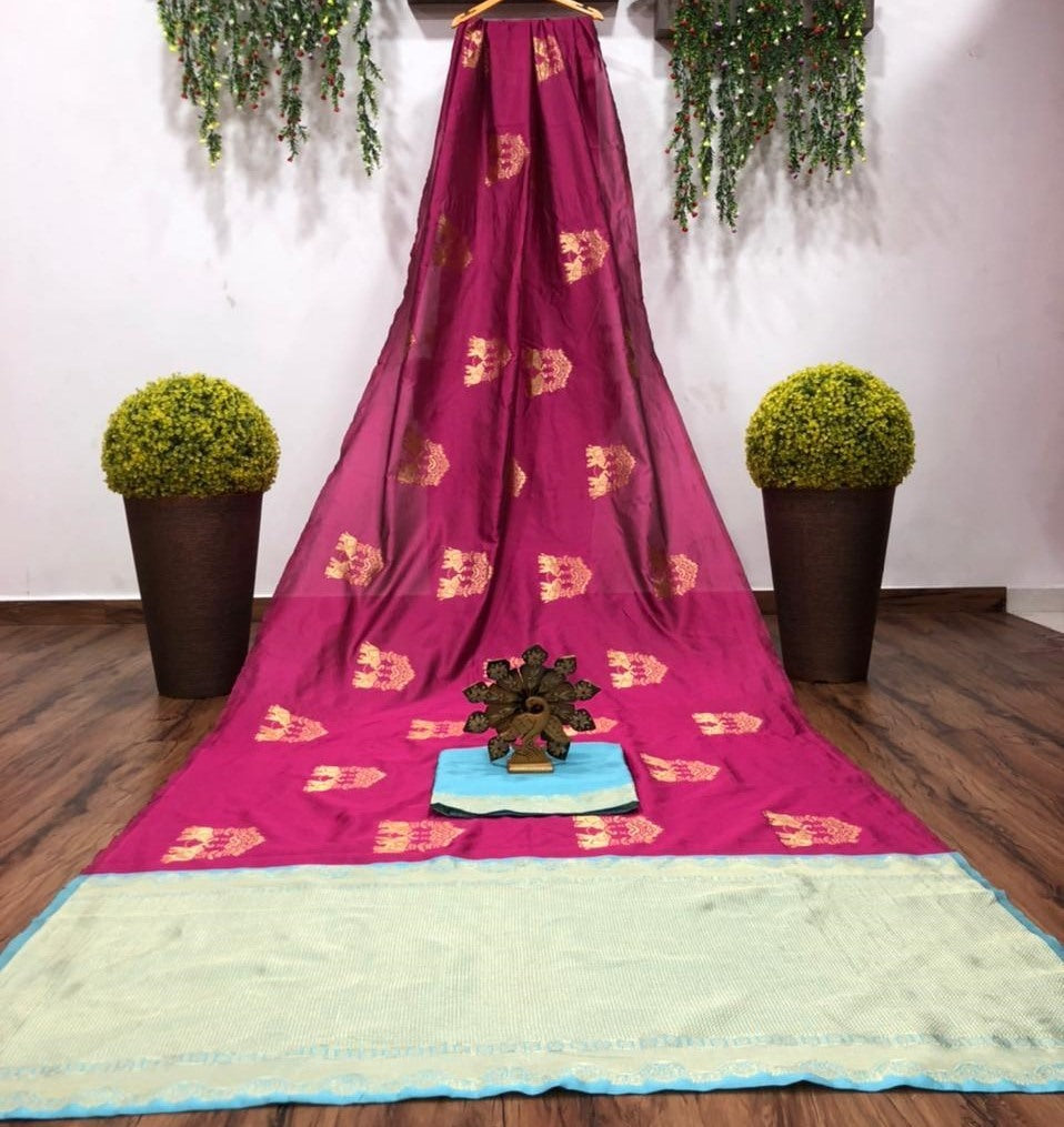 Pink and light green lichi silk jacquard work saree