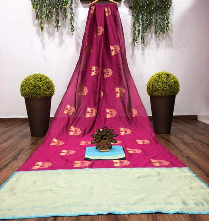 Pink and light green lichi silk jacquard work saree