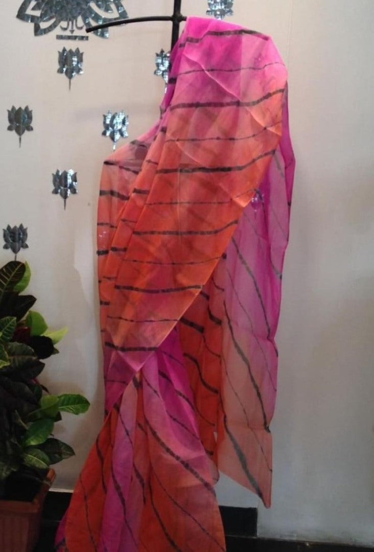 Pink and orange digital liner print organza saree