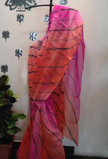 Pink and orange digital liner print organza saree