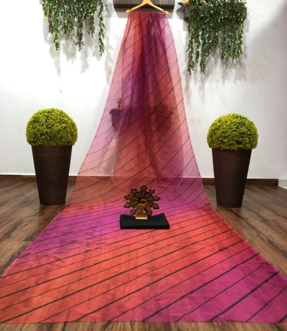 Pink and orange digital liner print organza saree