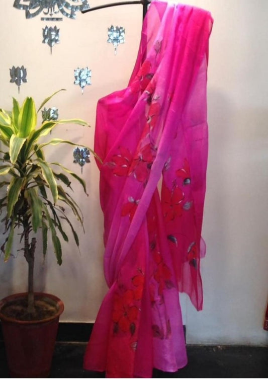 Pink and red digital flower print organza saree