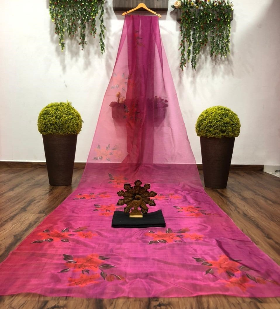 Pink and red digital flower print organza saree