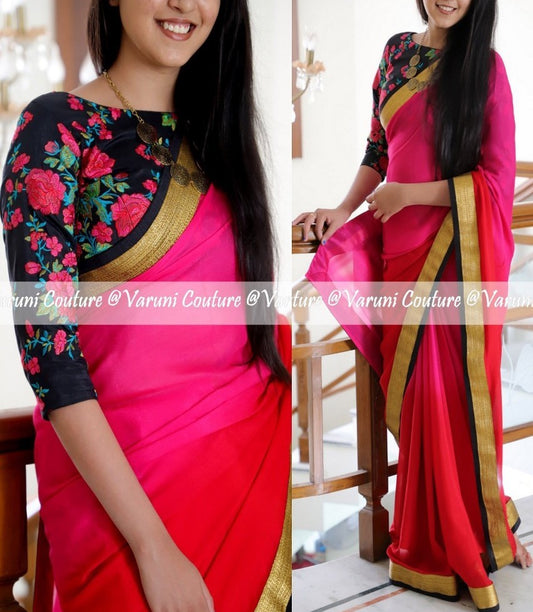 pink and red georgette padding partywear saree with floral printed blouse