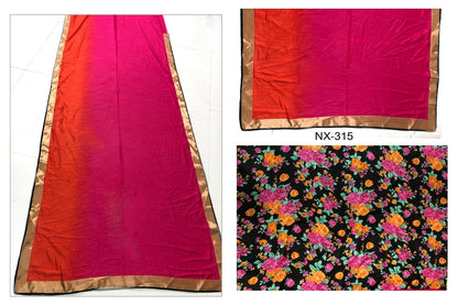 pink and red georgette padding partywear saree with floral printed blouse
