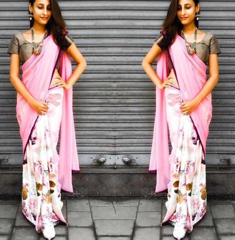 pink and white digital floral printed georgette casual saree