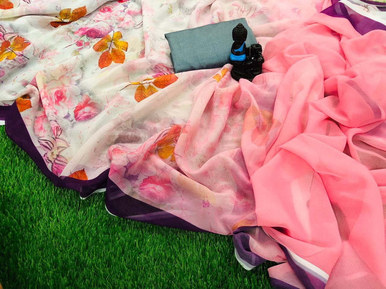 pink and white digital floral printed georgette casual saree