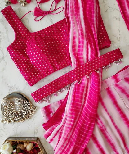 Pink and white printed ruffle lehenga saree