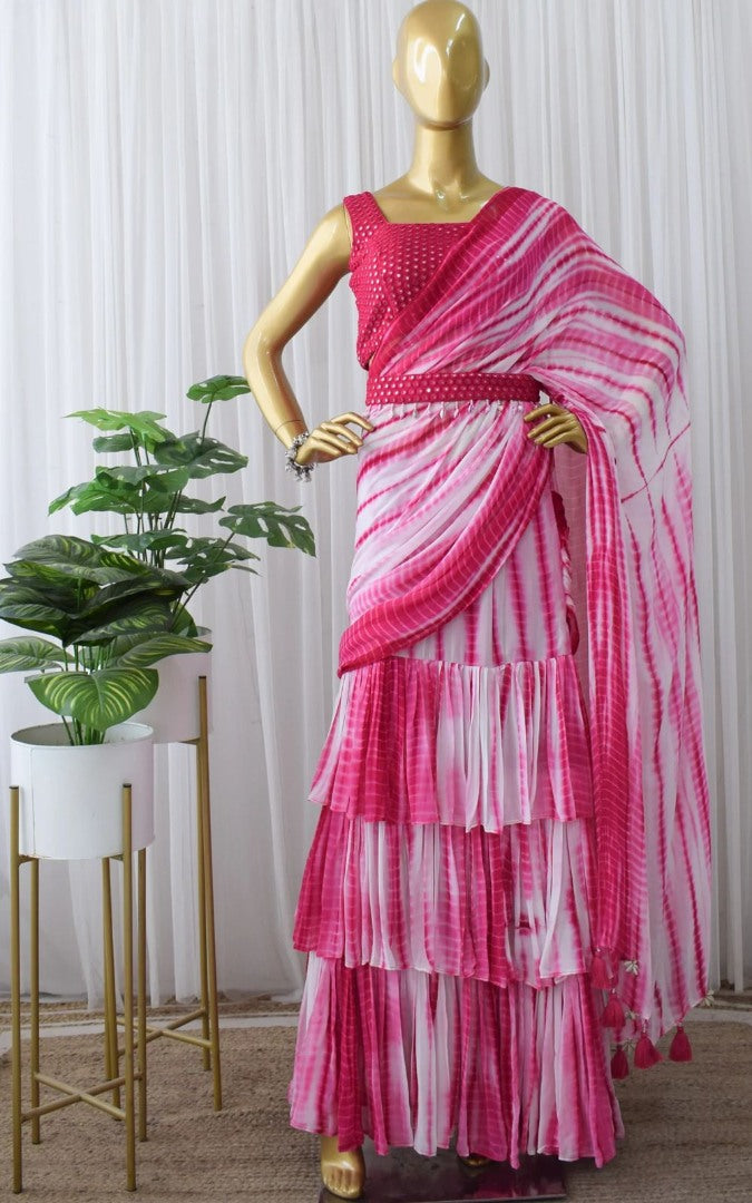 Pink and white printed ruffle lehenga saree