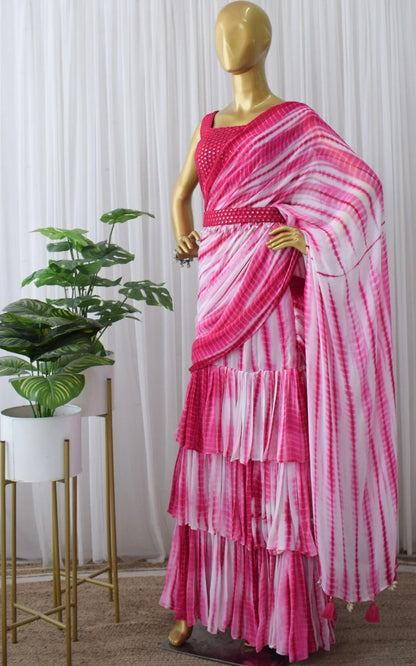 Pink and white printed ruffle lehenga saree