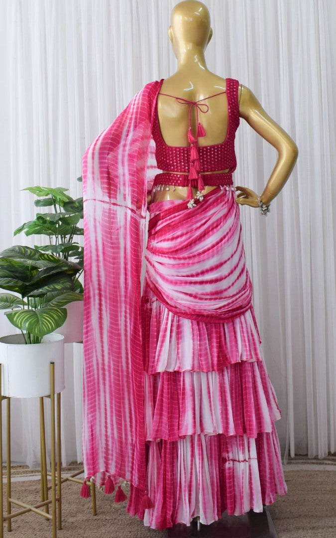 Pink and white printed ruffle lehenga saree