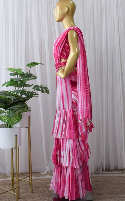 Pink and white printed ruffle lehenga saree