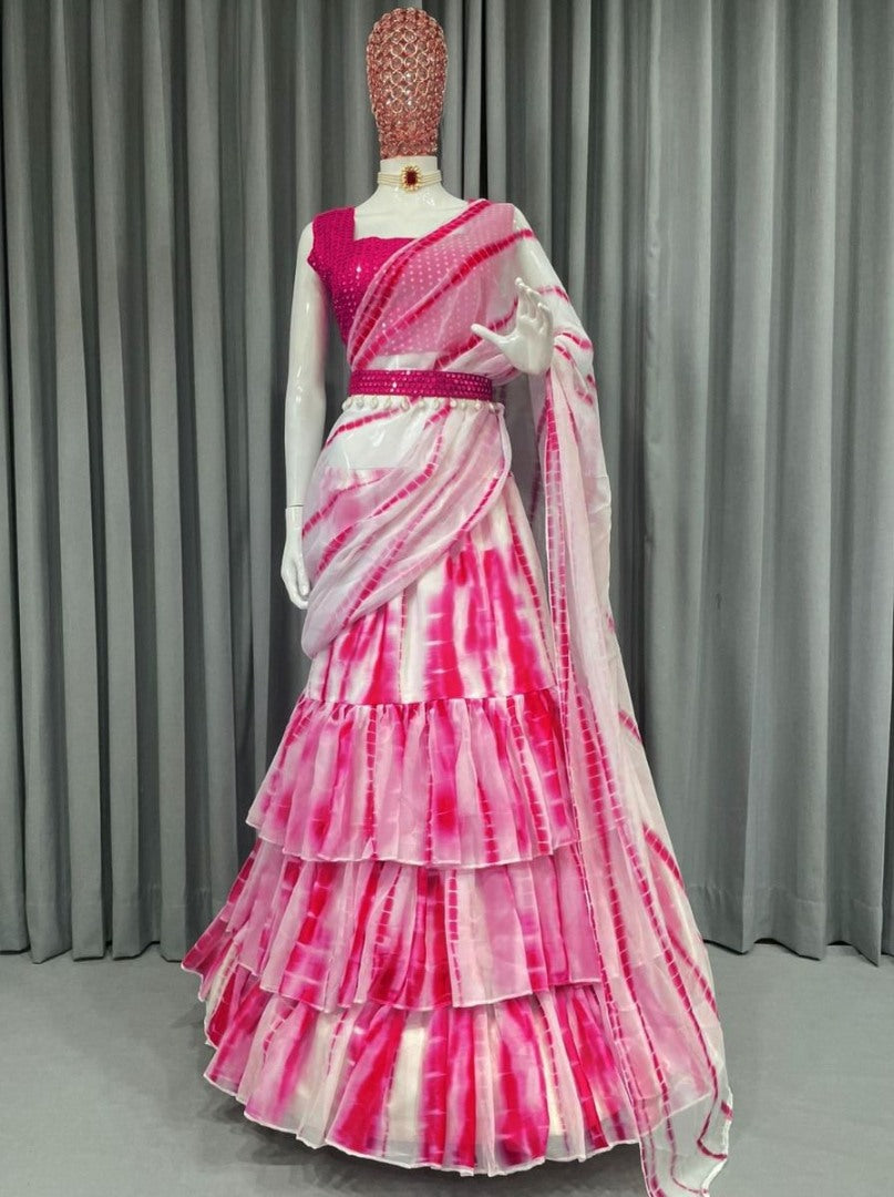 Pink and white printed ruffle lehenga saree