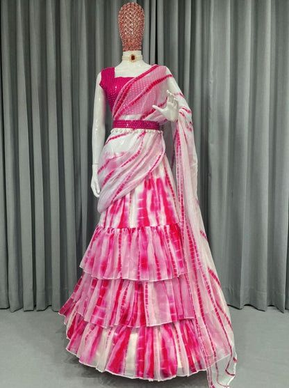 Pink and white printed ruffle lehenga saree