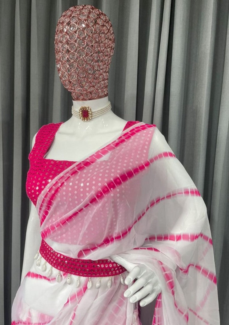 Pink and white printed ruffle lehenga saree