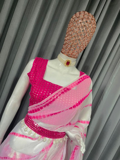 Pink and white printed ruffle lehenga saree