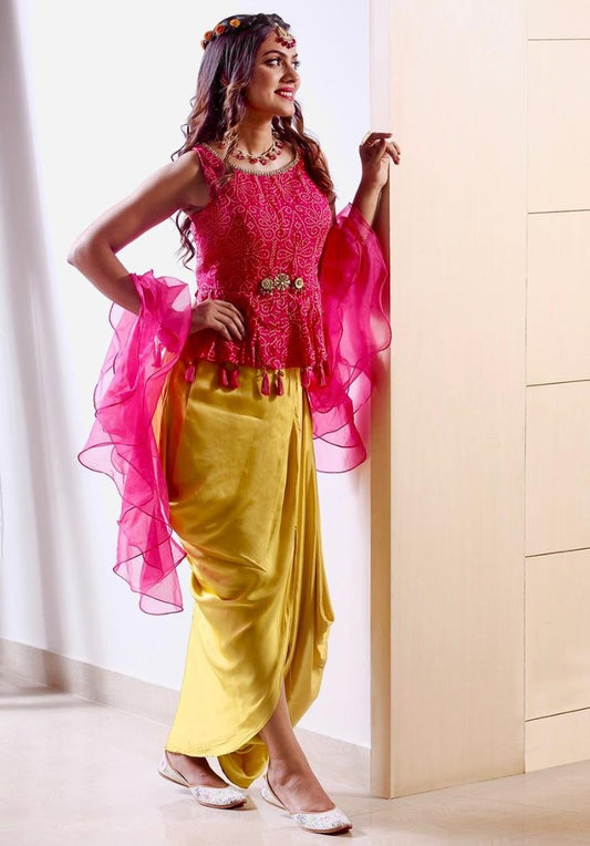Pink and yellow printed ruffle top dhoti suit
