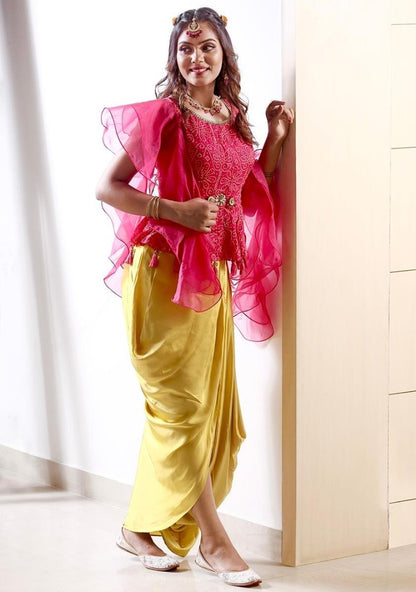 Pink and yellow printed ruffle top dhoti suit