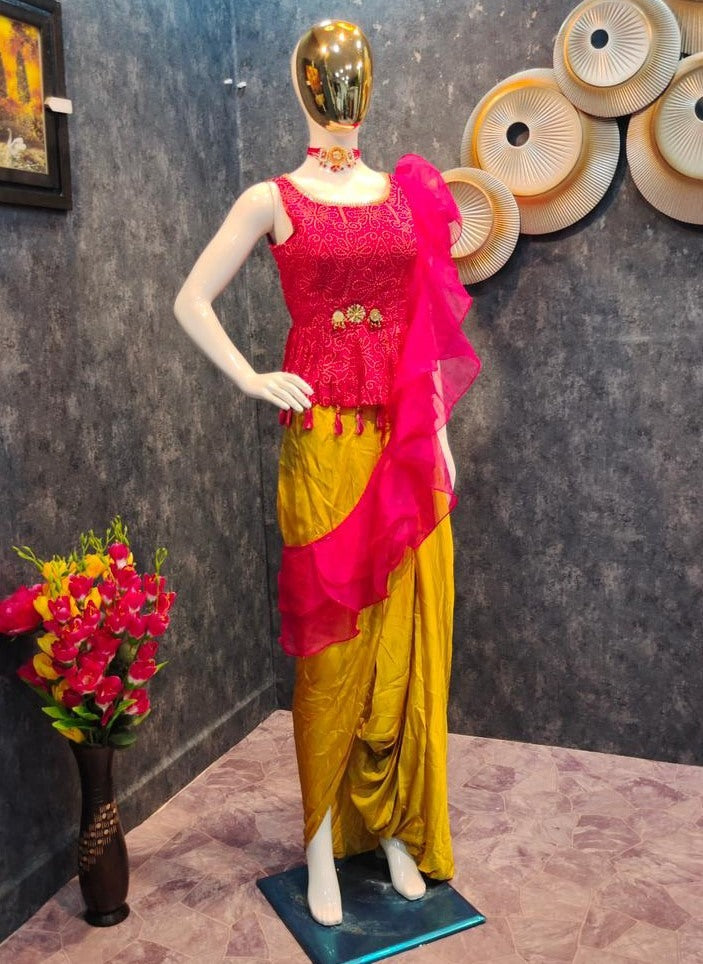 Pink and yellow printed ruffle top dhoti suit