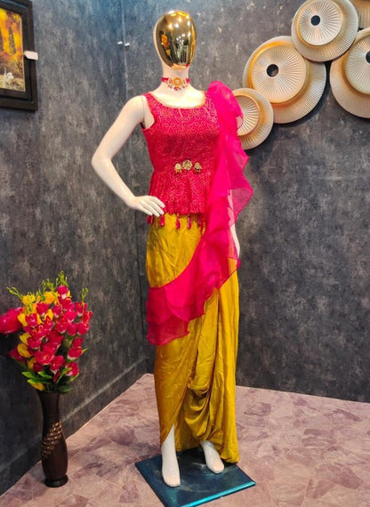 Pink and yellow printed ruffle top dhoti suit