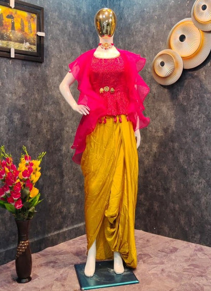 Pink and yellow printed ruffle top dhoti suit