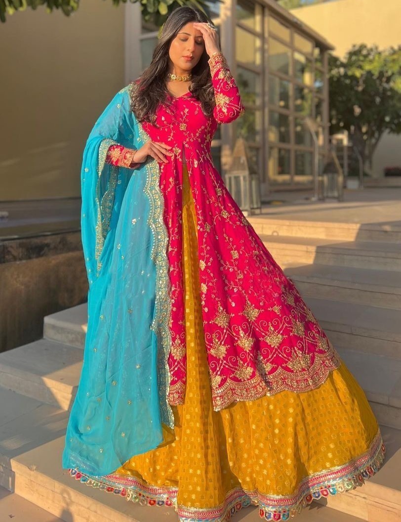 Pink and yellow thread sequence work lehenga suit for ceremony