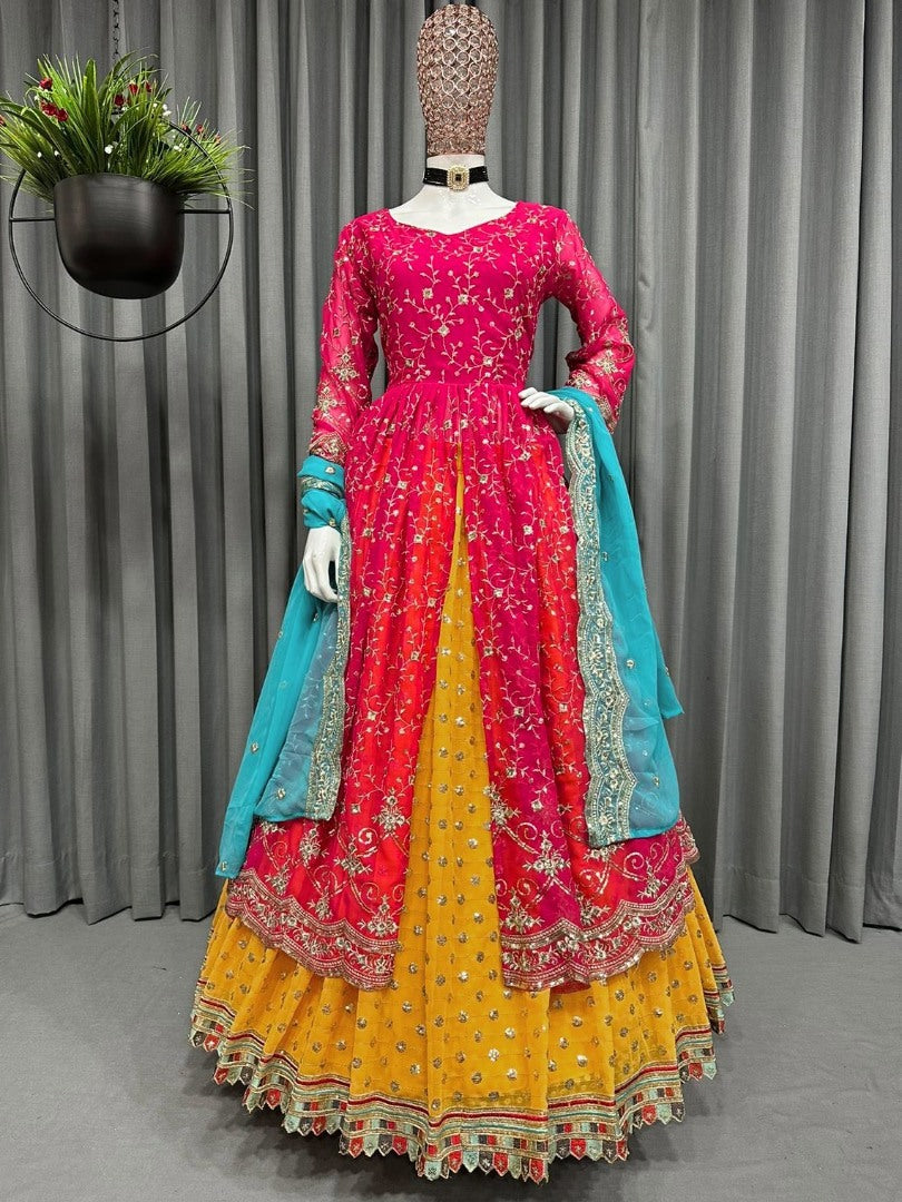 Pink and yellow thread sequence work lehenga suit for ceremony