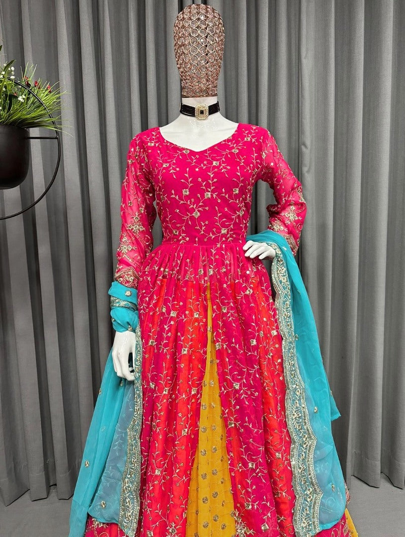 Pink and yellow thread sequence work lehenga suit for ceremony