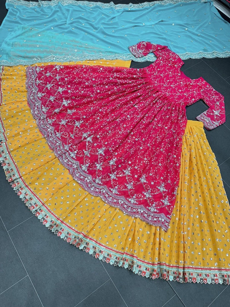 Pink and yellow thread sequence work lehenga suit for ceremony