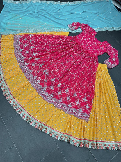 Pink and yellow thread sequence work lehenga suit for ceremony